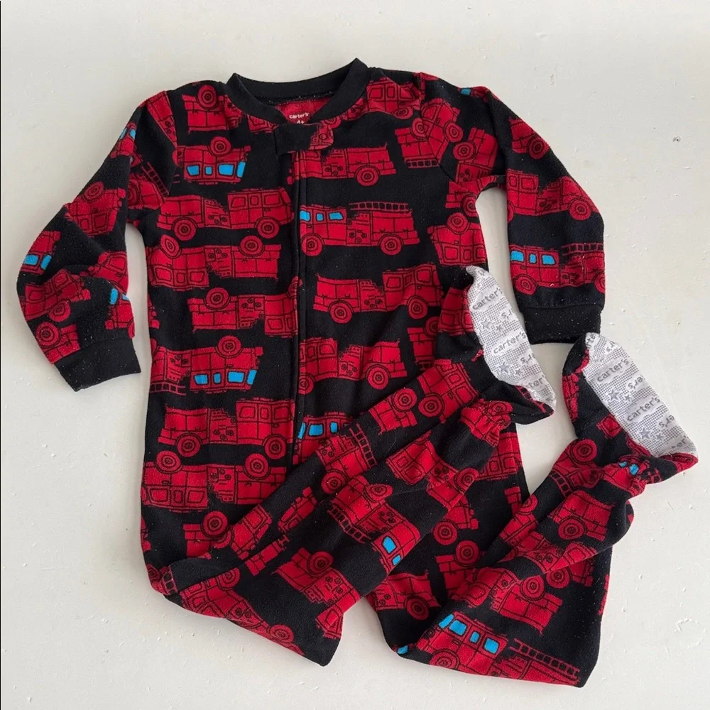 Carter’s Boys 4T Red and Black Fire Truck Fleece  Zip up Footed Pajamas